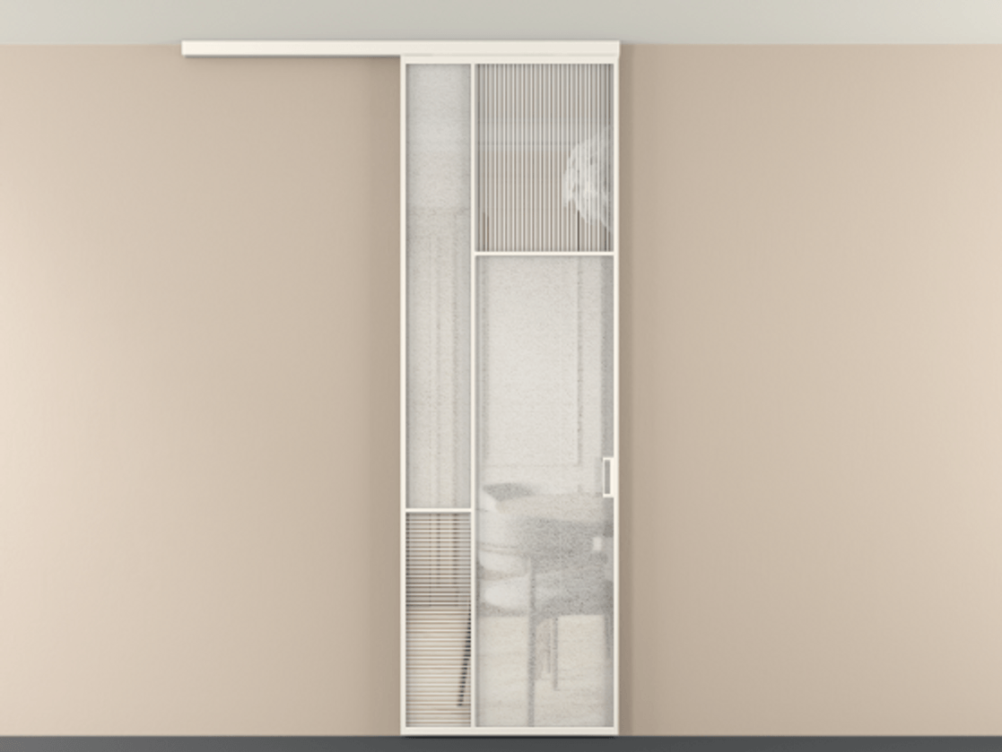 Перегородка Мозаик вдоль стены на потолок 1 створка АЛПР 041.11 Алюминий пудровый белый Рифлёное стекло "Дюна", триплекс, 6 мм + Фактурное стекло "Лёд", триплекс Цена 7460 AZE | Volhovec