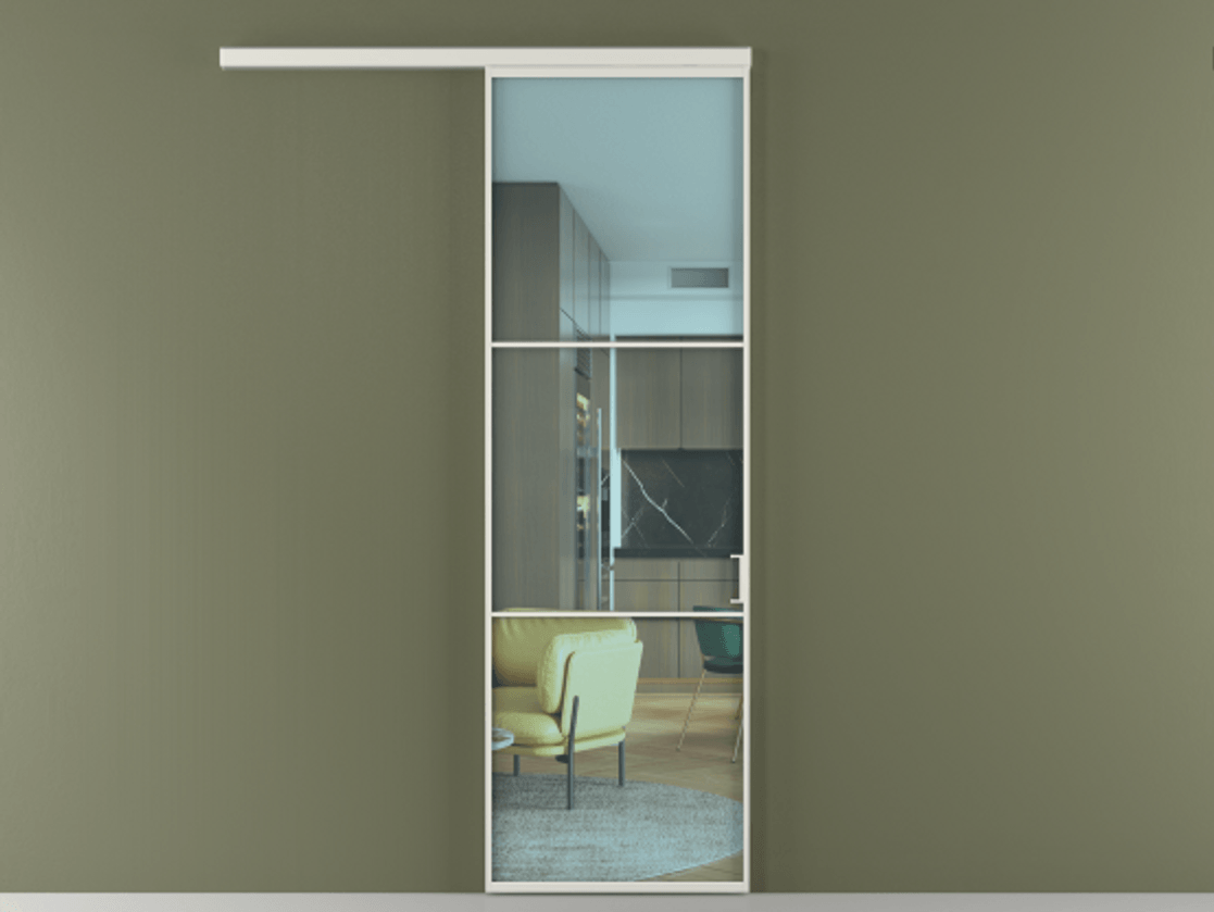 Перегородка Формато вдоль стены 1 створка АЛПР 040.03 Алюминий серый Прозрачное голубое стекло, триплекс Цена 5500 AZE  | Volhovec