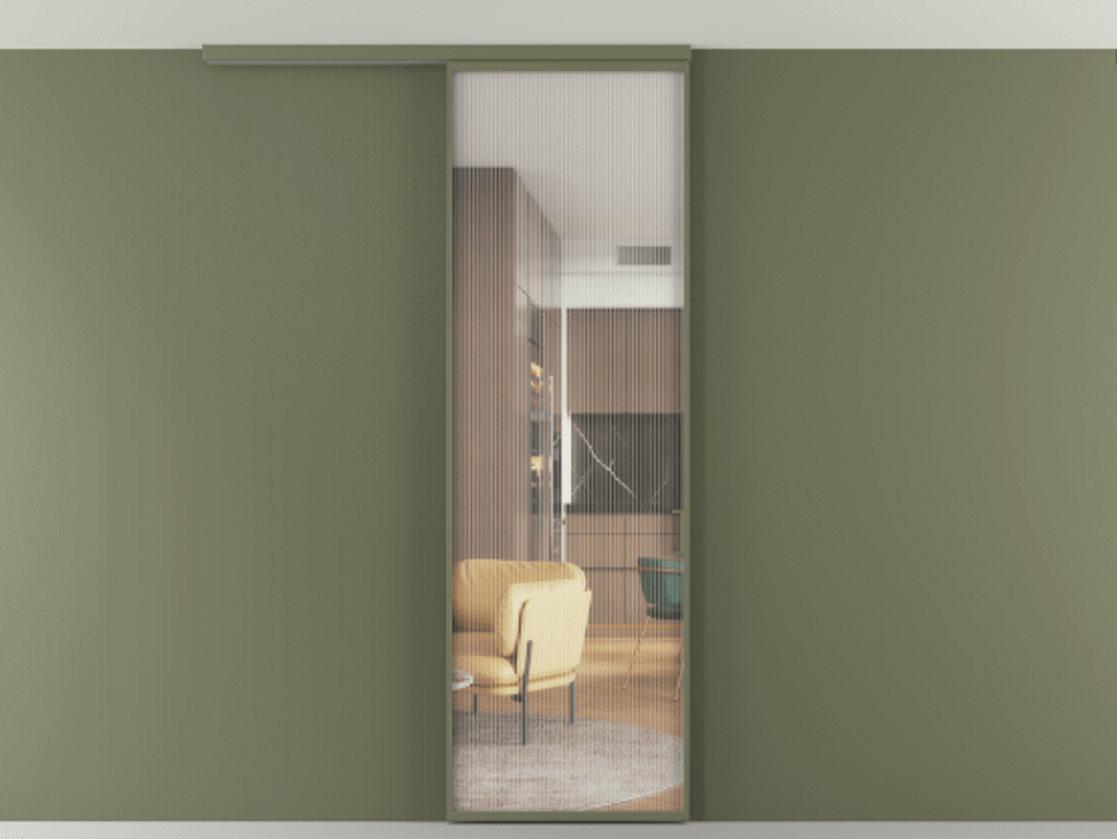 Перегородка Формато вдоль стены на потолок 1 створка АЛПР 040.01 Алюминий оливковый тёмный Рифлёное стекло "Мору", триплекс Цена 5350 AZE | Volhovec