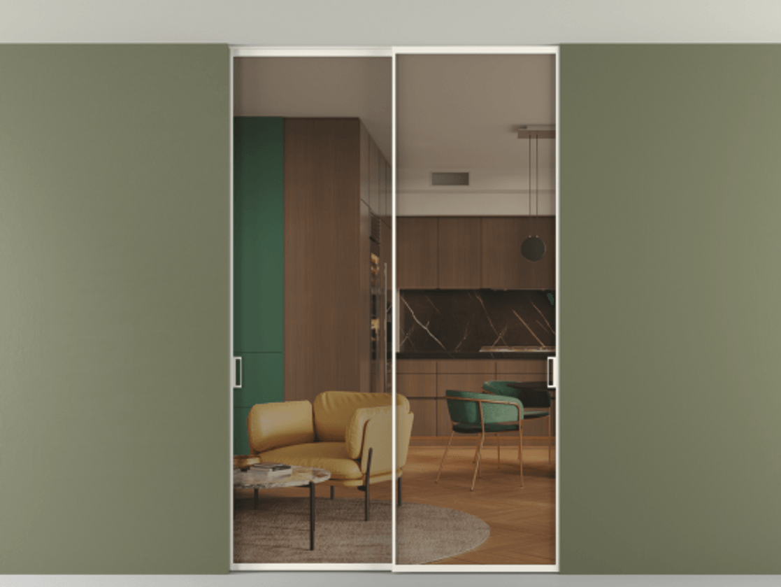 Перегородка Формато внутри проёма скрытое крепление в потолок 2 створки АЛПР 040.01 Алюминий пудровый белый Прозрачное бронзовое стекло, триплекс. Цена 12470 AZE 1. Полотно 2 шт. (800/2100 мм)
2. Комплект установки раздвижной системы
3. Базовый комплект фурнитуры
4. Ручка Рондо. Фабрика дверей Волховец 8 (800) 551 43 19 Перегородка Формато внутри проёма скрытое крепление в потолок 2 створки АЛПР 040.01 Алюминий пудровый белый Прозрачное бронзовое стекло, триплекс Цена 12470 AZE | Volhovec