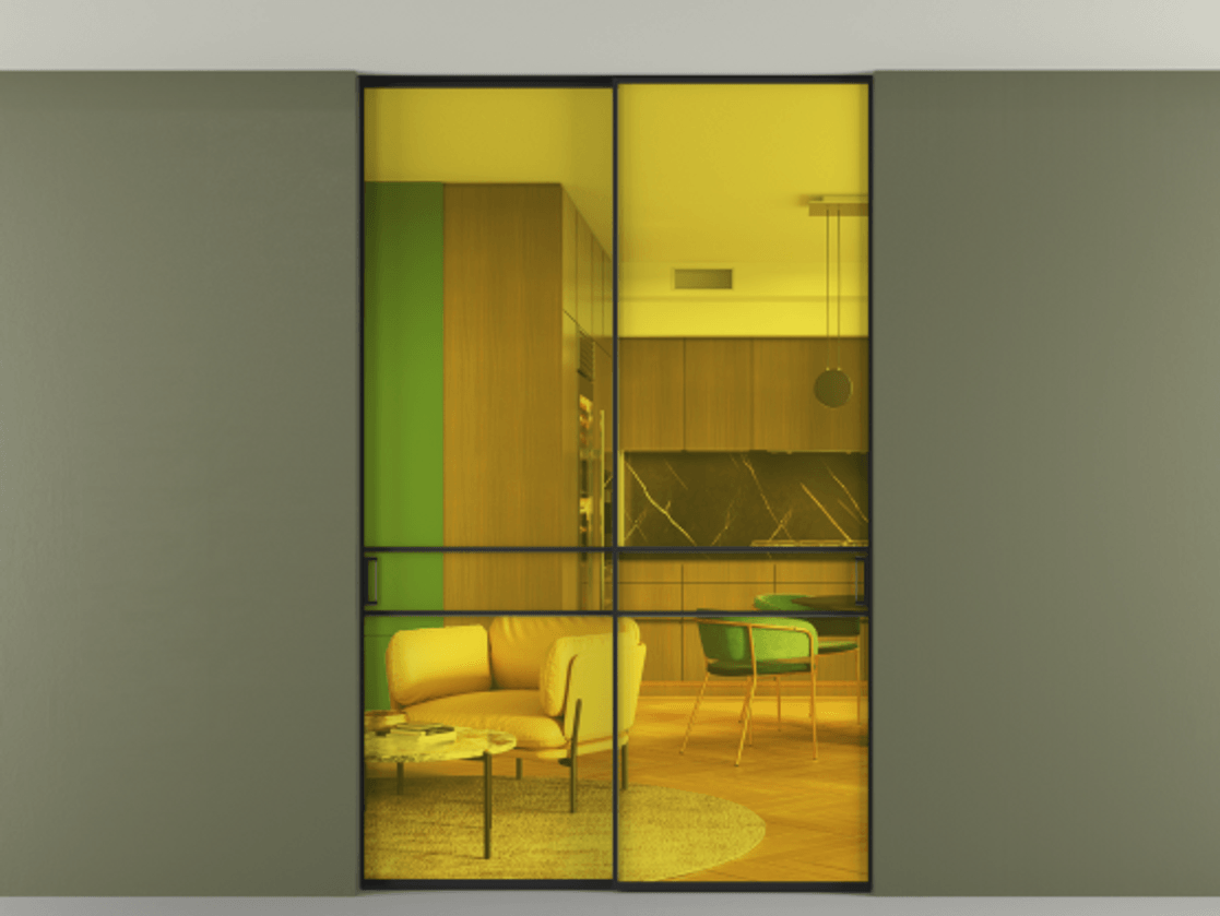 Перегородка Формато внутри проёма скрытое крепление в потолок 2 створки АЛПР 040.02 Алюминий Черный Прозрачное жёлтое стекло, триплекс Цена 14700 AZE | Volhovec