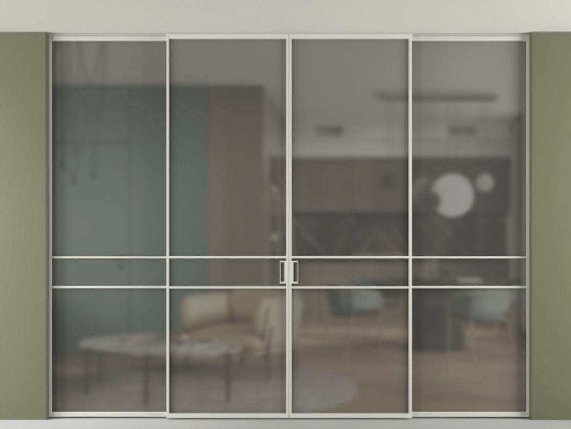 Перегородка Формато внутри проёма скрытое крепление в потолок 4 створки АЛПР 040.02 Алюминий тёплый серый Сатинированное серое стекло, триплекс Цена 22960 AZE | Volhovec