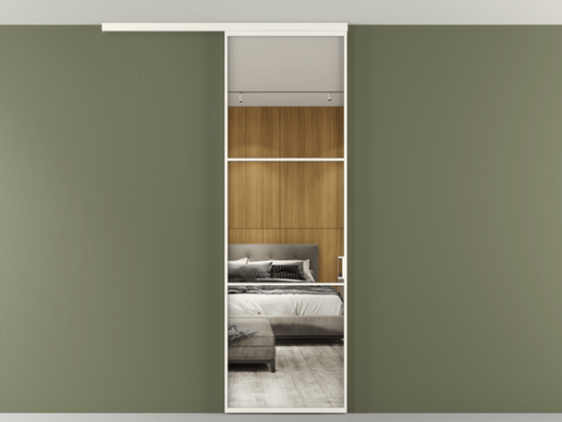 Перегородка Формато вдоль стены на потолок 1 створка АЛПР 040.03 Алюминий пудровый белый Двустороннее зеркало, триплекс , триплекс 6 мм Цена 5050 AZE | Volhovec