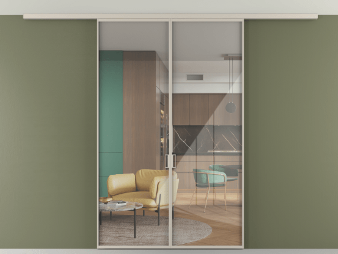 Перегородка Формато вдоль стены на потолок 2 створки АЛПР 040.01 Алюминий светло-бежевый Рефлективное прозрачное стекло "Стопсол", калёное Цена 10330 AZE | Volhovec