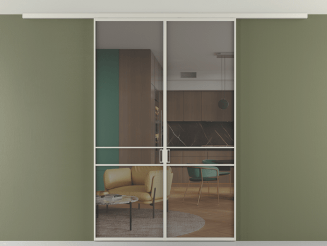 Перегородка Формато вдоль стены на потолок 2 створки АЛПР 040.02 Алюминий тёплый серый Прозрачное серое стекло, триплекс Цена 11880 AZE | Volhovec