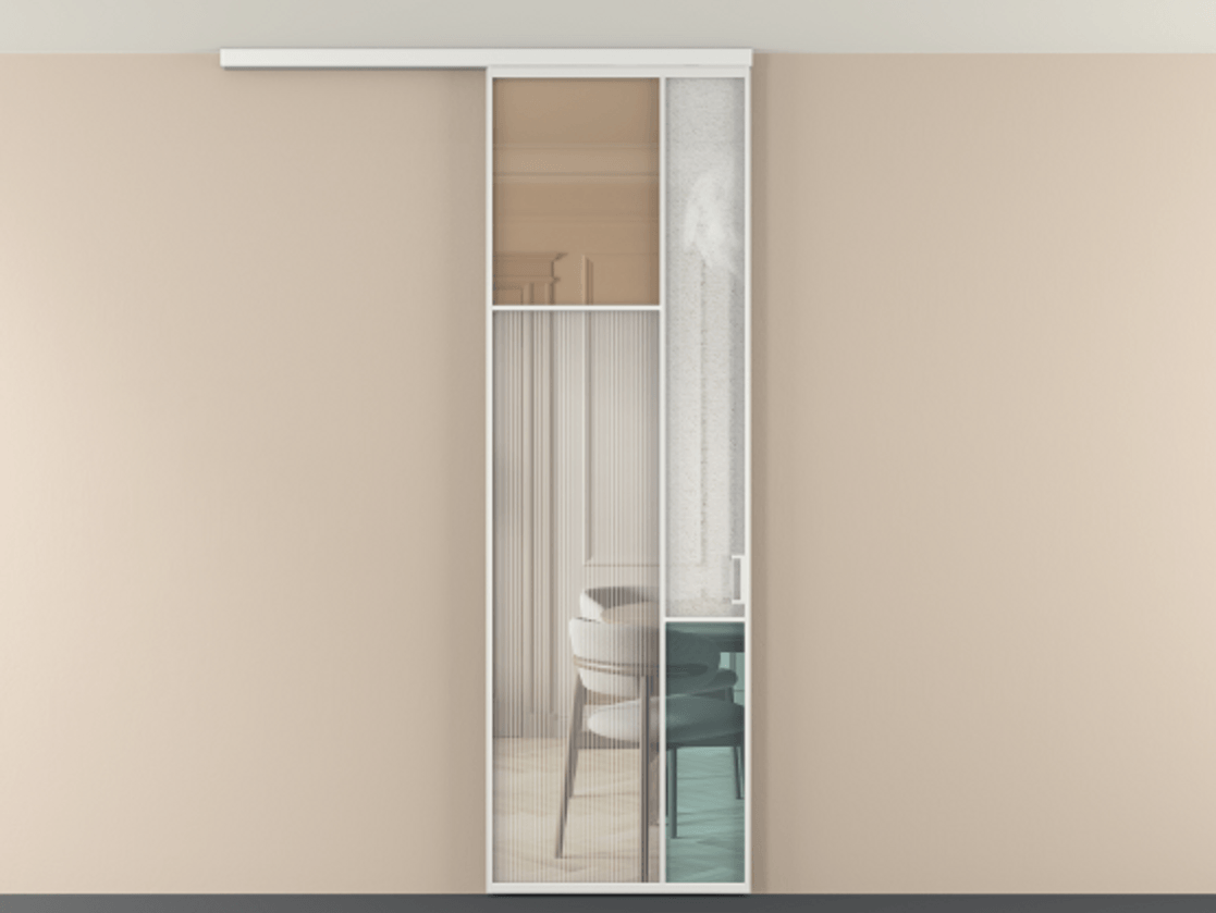 Перегородка Мозаик вдоль стены на потолок 1 створка АЛПР 041.10 Алюминий белоснежный Комбинация стекол Группы 1 и Группы 3 Цена 7400 AZE | Volhovec