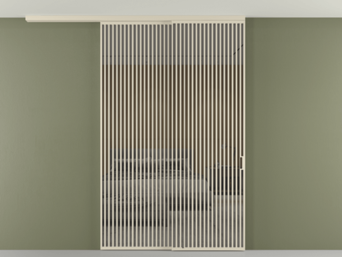 Перегородка Формато вдоль стены на потолок 2 створки с синхронным механизмом АЛПР 040.06 Алюминий бежево-серый Рефлективное серое стекло "Стопсол", калёное Цена 790050 сом | Volhovec