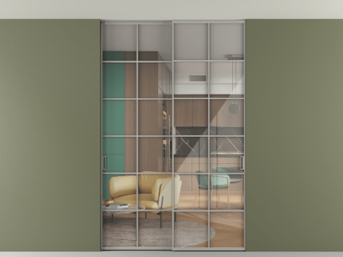 Перегородка Формато внутри проёма скрытое крепление в потолок 2 створки АЛПР 040.05 Алюминий нейтральный серый Рефлективное прозрачное стекло "Стопсол", калёное Цена 16820 AZE | Volhovec