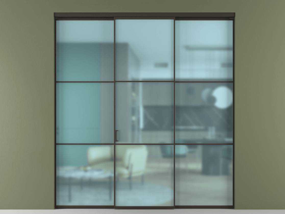 Перегородка Формато внутри проёма 3 створки АЛПР 040.03 Алюминий антрацит Сатинированное голубое стекло, триплекс Цена 12400 AZE | Volhovec