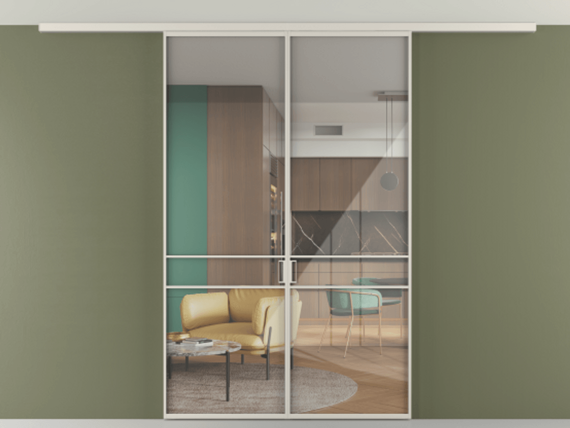 Перегородка Формато вдоль стены на потолок 2 створки АЛПР 040.02 Алюминий облачно-серый Рефлективное прозрачное стекло "Стопсол", калёное Цена 10830 AZE | Volhovec