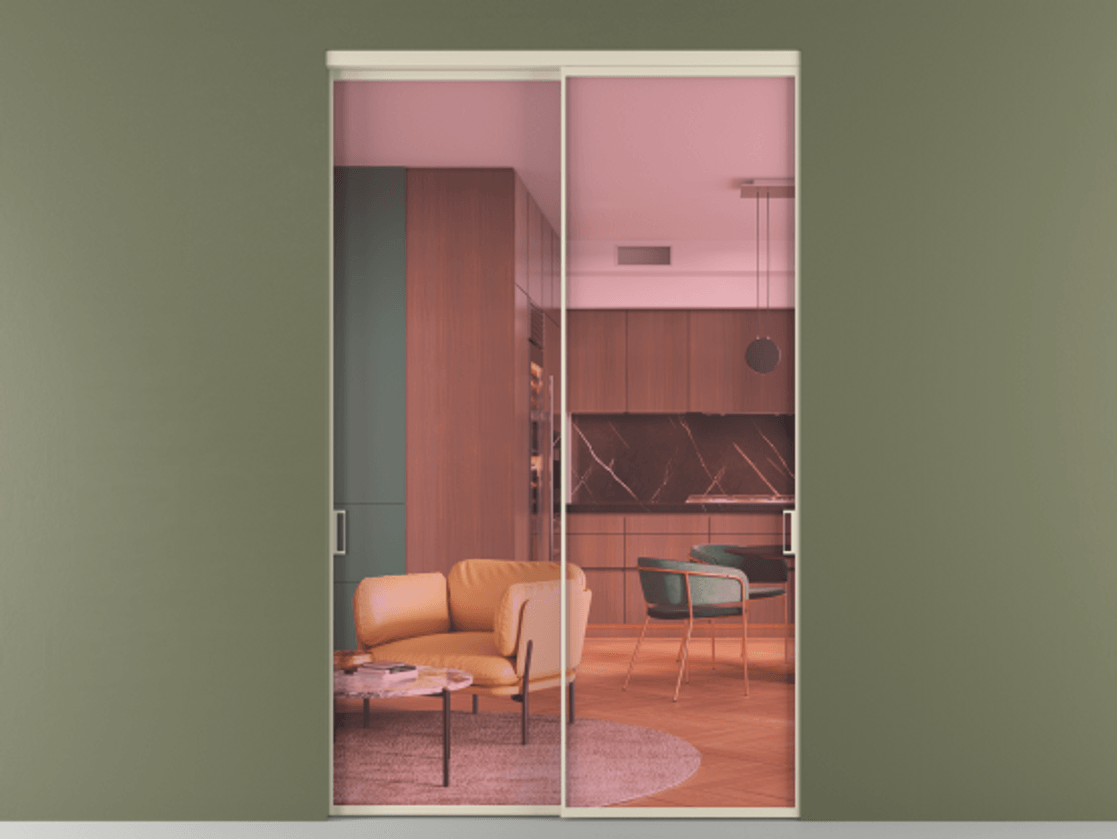 Перегородка Формато внутри проёма 2 створки АЛПР 040.01 Алюминий бежево-серый Прозрачное розовое стекло, триплекс Цена 21700 AZE  | Volhovec