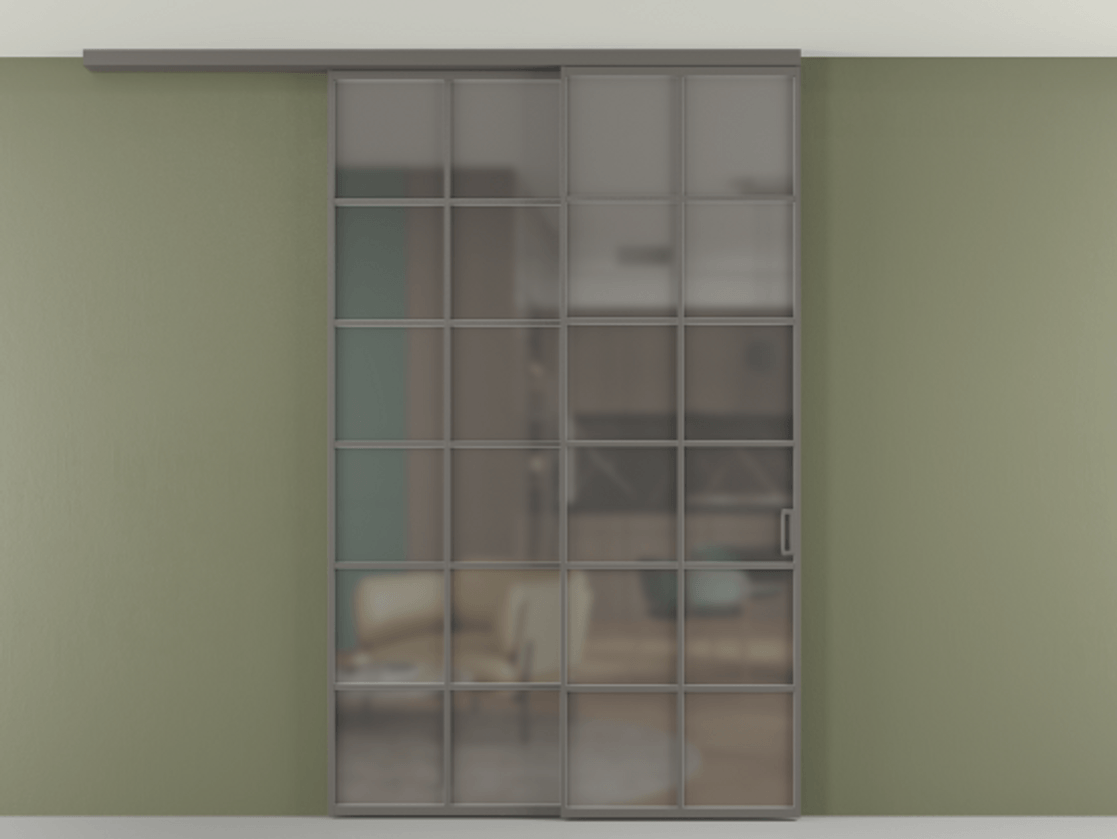 Перегородка Формато вдоль стены на потолок 2 створки с синхронным механизмом АЛПР 040.05 Алюминий классический серый Сатинированное серое стекло, триплекс Цена 15210 AZE | Volhovec