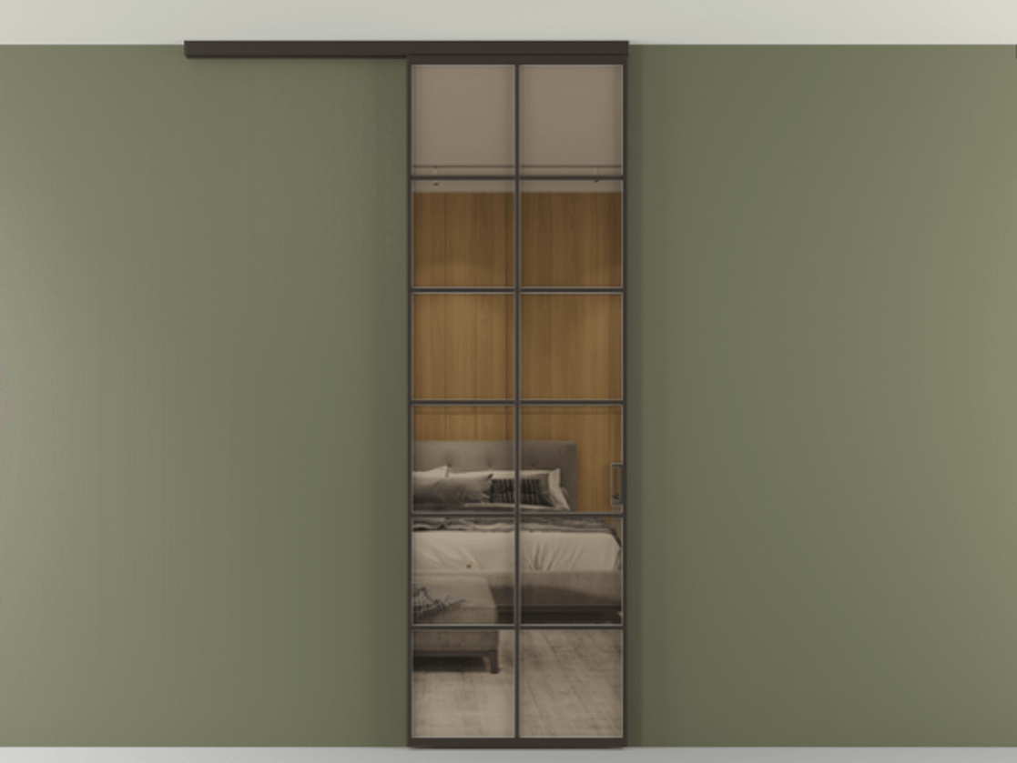 Перегородка Формато вдоль стены на потолок 1 створка АЛПР 040.05 Алюминий антрацит Рефлективное бронзовое стекло "Стопсол", калёное Цена 5960 AZE | Volhovec