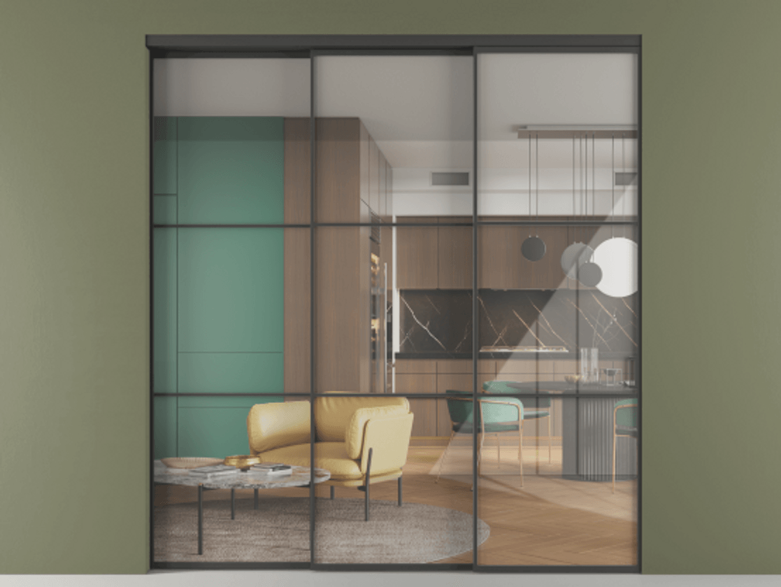 Перегородка Формато внутри проёма 3 створки с синхронным механизмом АЛПР 040.03 Графитовый Рефлективное прозрачное стекло "Стопсол", калёное. Цена 13720 AZE 1. Полотно 3 шт. (800/2100 мм)
2. Комплект установки раздвижной системы
3. Базовый комплект фурнитуры
4. Комплект фурнитуры телескопик синхро-2
5.Ручка Рондо. Фабрика дверей Волховец 8 (800) 551 43 19 Перегородка Формато внутри проёма 3 створки с синхронным механизмом АЛПР 040.03 Графитовый Рефлективное прозрачное стекло "Стопсол", калёное Цена 13720 AZE | Volhovec