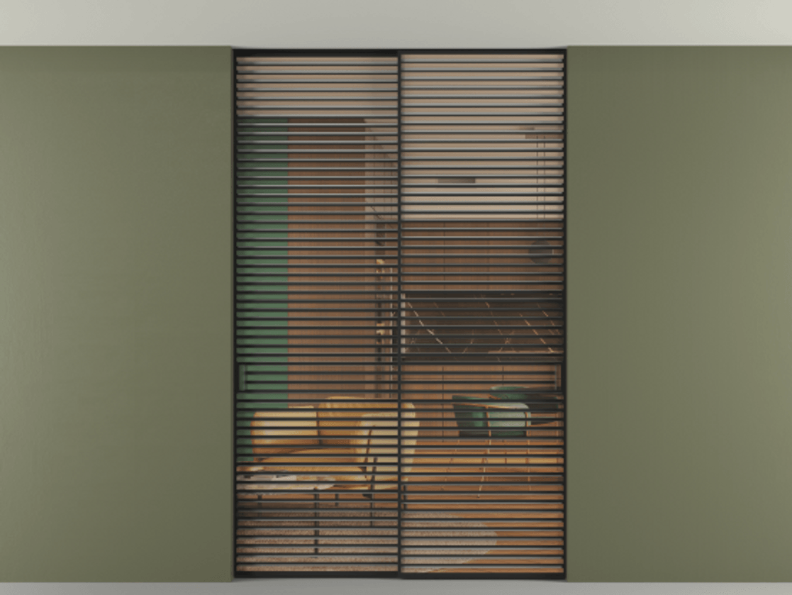 Перегородка Formato внутри проёма скрытое крепление в потолок 2 створки АЛПР 040.07 Алюминий Черный Прозрачное оранжевое стекло, триплекс Цена 2672100 AMD | Volhovec