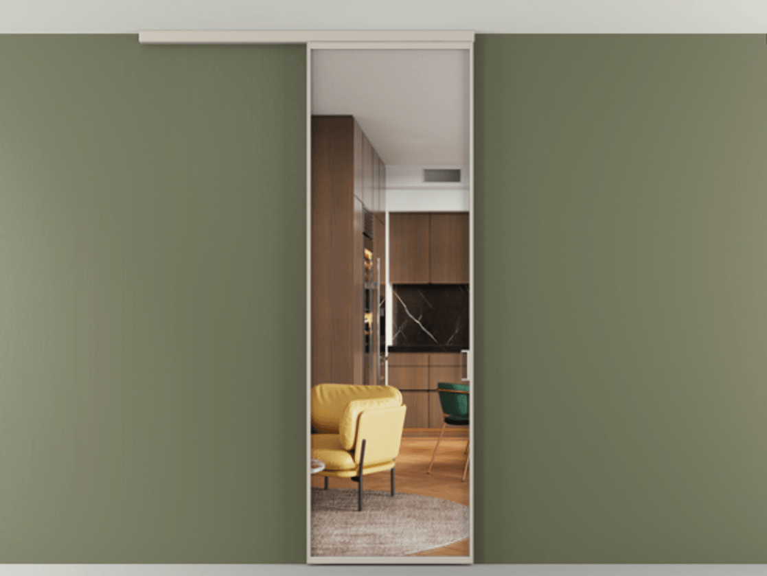 Перегородка Формато вдоль стены на потолок 1 створка АЛПР 040.01 Алюминий светло-бежевый Прозрачное стекло "Кристал Вижн", калёное Цена 6230 AZE | Volhovec