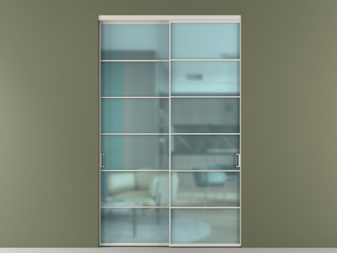 Перегородка Formato внутри проёма 2 створки АЛПР 040.04 Алюминий облачно-серый Сатинированное голубое стекло, триплекс Цена 466980 ₽  | Volhovec