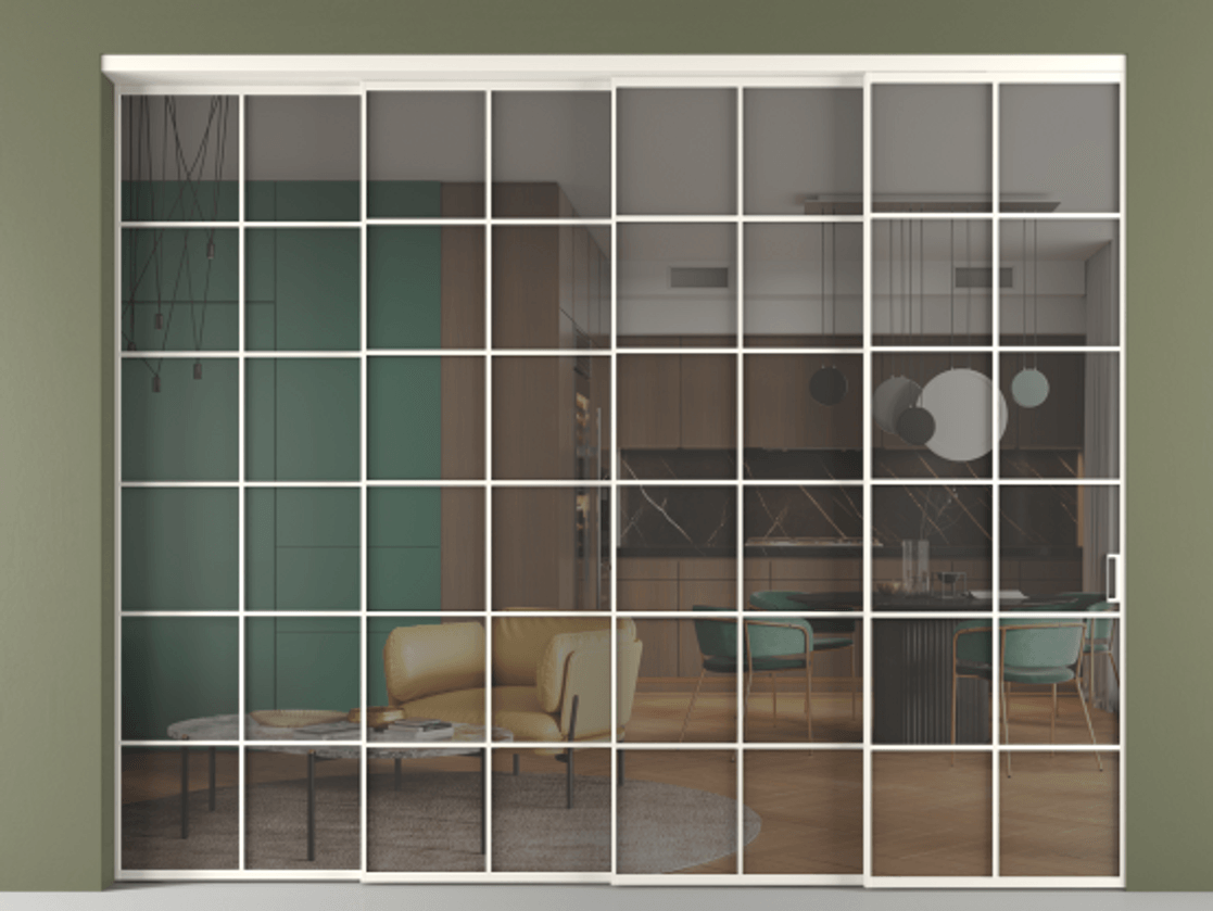 Перегородка Формато внутри проёма 4 створки с синхронным механизмом АЛПР 040.05 Алюминий пудровый белый Прозрачное серое стекло, триплекс. Цена 25470 AZE 1. Полотно 4 шт. (800/2100 мм)
2. Комплект установки раздвижной системы
3. Базовый комплект фурнитуры
4. Комплект фурнитуры телескопик синхро-3
5. Ручка Рондо. Фабрика дверей Волховец 8 (800) 551 43 19 Перегородка Формато внутри проёма 4 створки с синхронным механизмом АЛПР 040.05 Алюминий пудровый белый Прозрачное серое стекло, триплекс Цена 25470 AZE | Volhovec