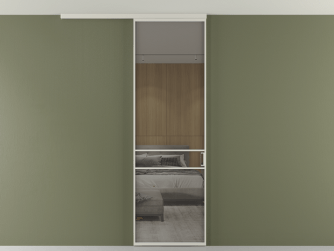 Перегородка Формато вдоль стены на потолок 1 створка АЛПР 040.02 Алюминий тёплый серый Рефлективное серое стекло "Стопсол", калёное Цена 6540 AZE | Volhovec