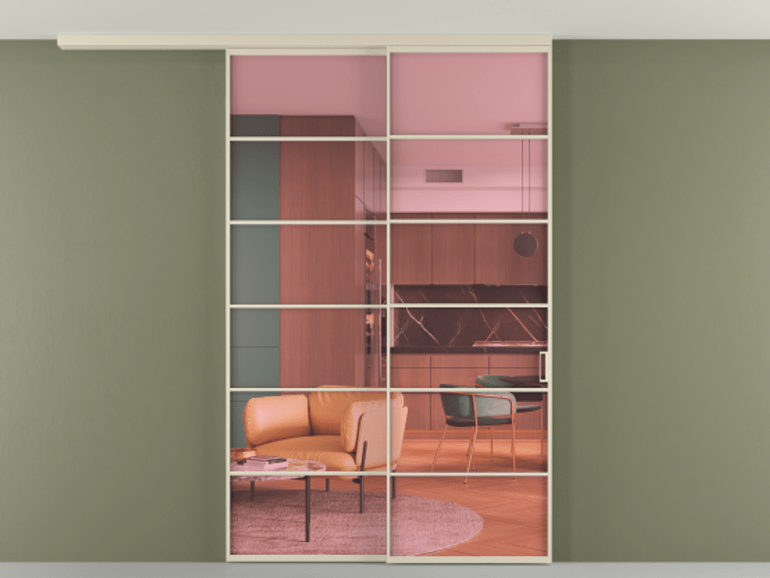 Перегородка Formato вдоль стены на потолок 2 створки с синхронным механизмом АЛПР 040.04 Алюминий бежево-серый Прозрачное розовое стекло, триплекс Цена 17100 AZE | Volhovec