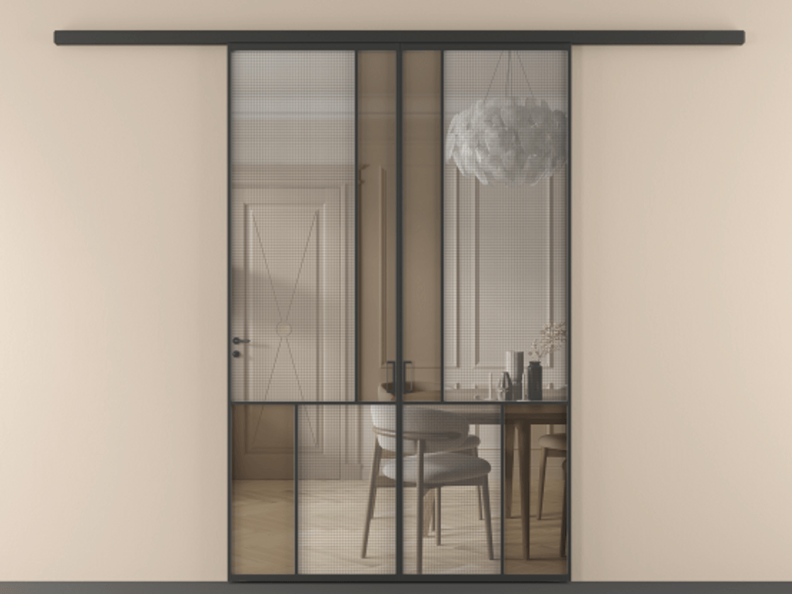 Перегородка Mosaic вдоль стены двустворчатая АЛПР 041.20 Алюминий Черный Декоративное стекло с сеткой "Mesh silver", триплекс, 6 мм + Прозрачное бронзовое стекло, триплекс, 6 мм Цена 13110 AZE | Volhovec