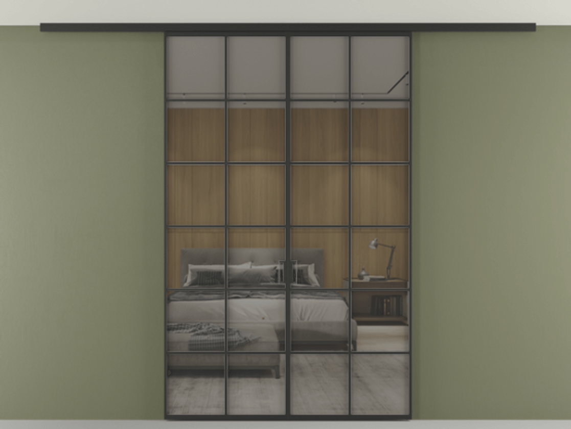 Перегородка Формато вдоль стены на потолок 2 створки АЛПР 040.05 Алюминий Черный Рефлективное серое стекло "Стопсол", калёное Цена 13090 AZE | Volhovec