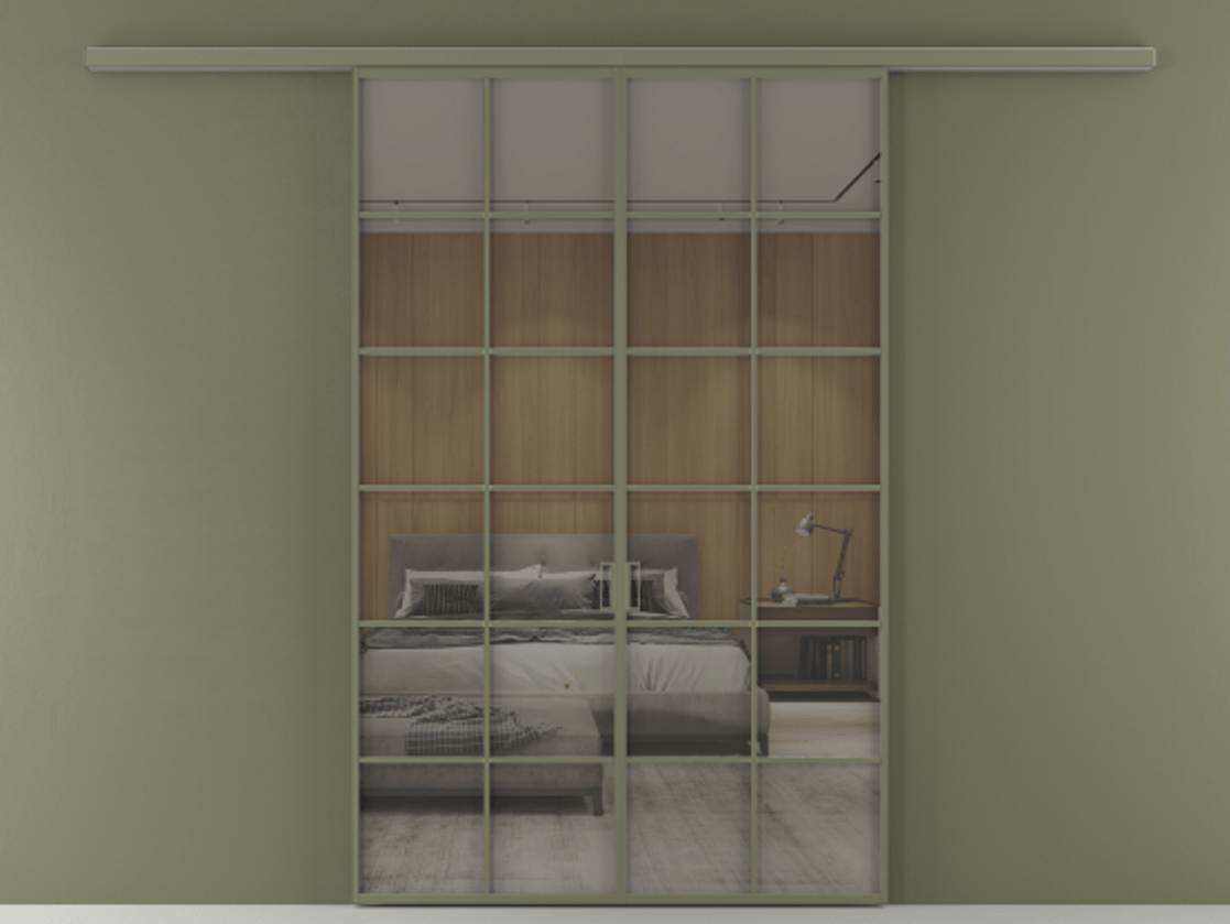 Перегородка Формато вдоль стены 2 створки АЛПР 040.05 Алюминий оливковый тёмный Рефлективное серое стекло "Стопсол", калёное Цена 13790 AZE | Volhovec