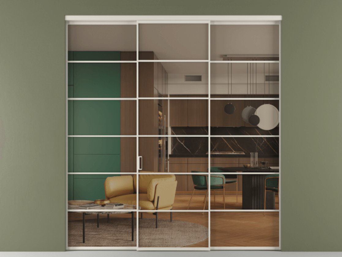 Перегородка Formato внутри проёма 3 створки АЛПР 040.04 Алюминий облачно-серый Прозрачное бронзовое стекло, триплекс Цена 254825 ₽ | Volhovec