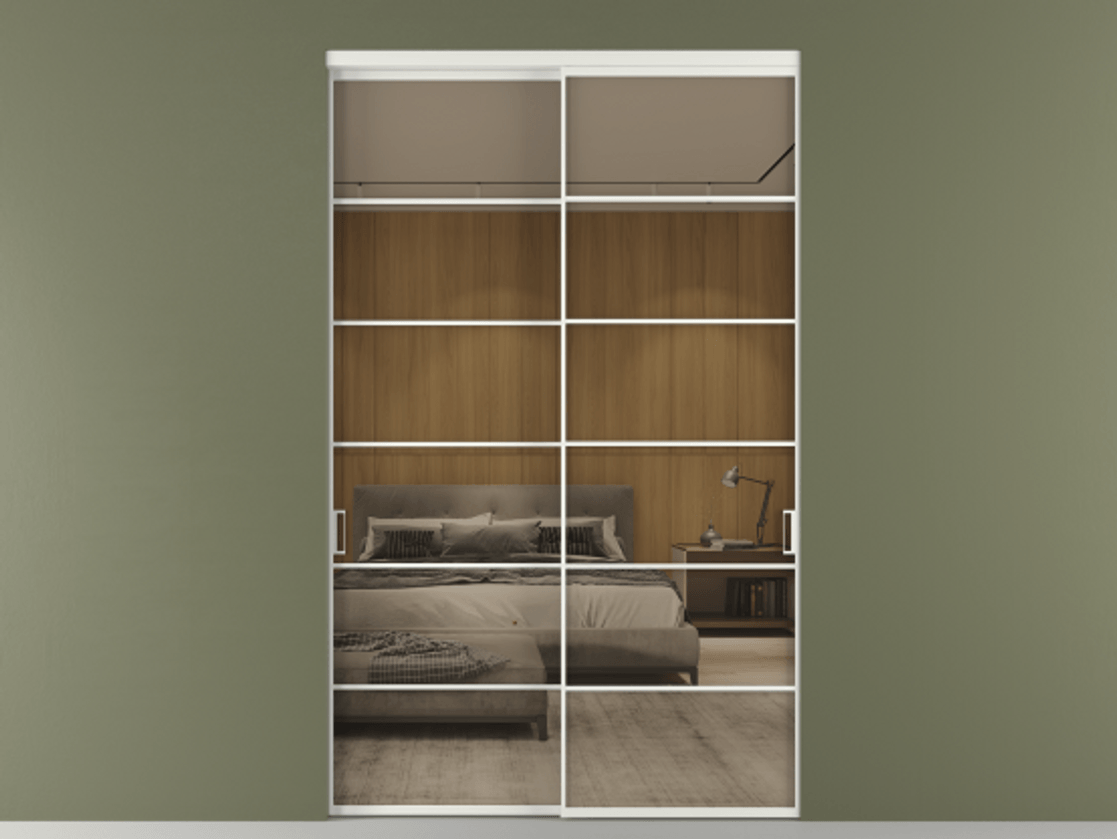 Перегородка Formato внутри проёма 2 створки АЛПР 040.04 Алюминий светло-серый Рефлективное бронзовое стекло "Stopsol", калёное Цена 25740 AZE  | Volhovec