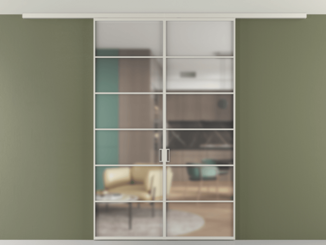 Перегородка Формато вдоль стены на потолок 2 створки АЛПР 040.04 Алюминий тёплый серый Сатинированное стекло "Мателюкс Кристал Вижн", калёное, матовое, каленое 6 мм Цена 13610 AZE | Volhovec