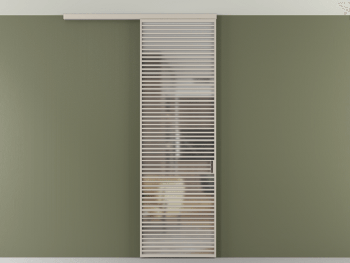 Перегородка Формато вдоль стены на потолок 1 створка АЛПР 040.07 Алюминий светло-бежевый Сатинированное стекло "Мателюкс Кристал Вижн", калёное, матовое, каленое 6 мм Цена 10090 AZE | Volhovec