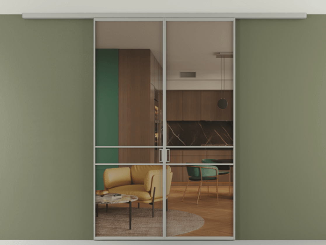 Перегородка Формато вдоль стены на потолок 2 створки АЛПР 040.02 Алюминий нейтральный серый Прозрачное бронзовое стекло, триплекс Цена 9730 AZE | Volhovec