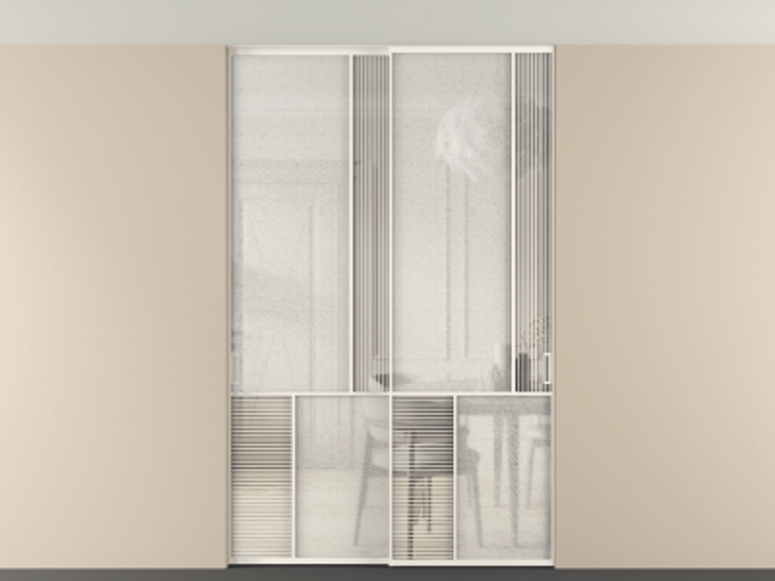 Перегородка Мозаик внутри проёма скрытое крепление в потолок 2 створки АЛПР 041.21 Алюминий пудровый белый Рифлёное стекло "Дюна", триплекс, 6 мм + Фактурное стекло "Лёд", триплекс. Цена 17750 AZE . Фабрика дверей Волховец 8 (800) 551 43 19 Перегородка Мозаик внутри проёма скрытое крепление в потолок 2 створки АЛПР 041.21 Алюминий пудровый белый Рифлёное стекло "Дюна", триплекс, 6 мм + Фактурное стекло "Лёд", триплекс Цена 17750 AZE | Volhovec