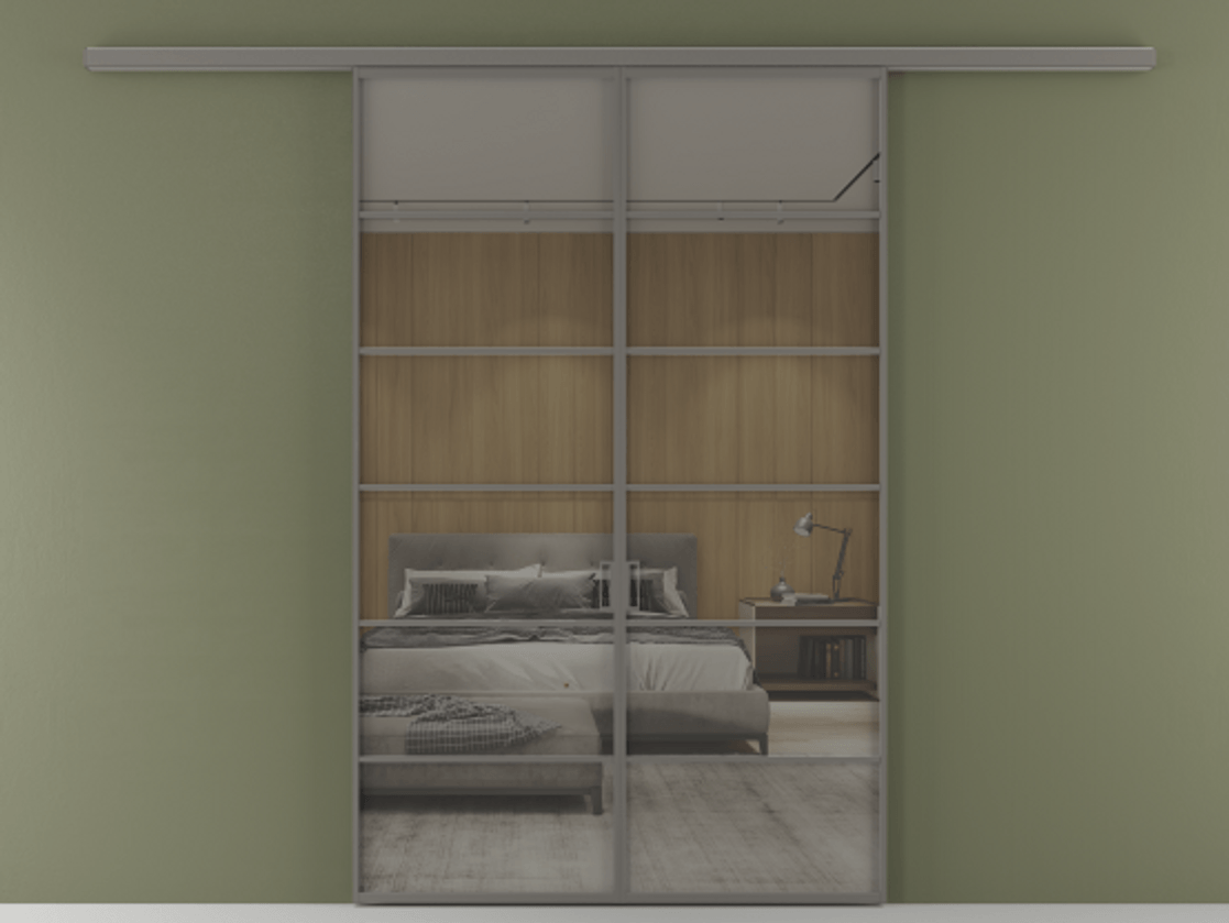 Перегородка Формато вдоль стены 2 створки АЛПР 040.04 Алюминий классический серый Рефлективное серое стекло "Стопсол", калёное Цена 13790 AZE | Volhovec