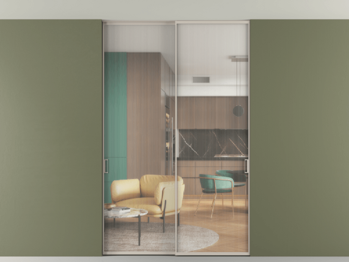 Перегородка Формато внутри проёма скрытое крепление в потолок 2 створки АЛПР 040.01 Алюминий светло-бежевый Рифлёное стекло "Мору", триплекс Цена 13100 AZE | Volhovec