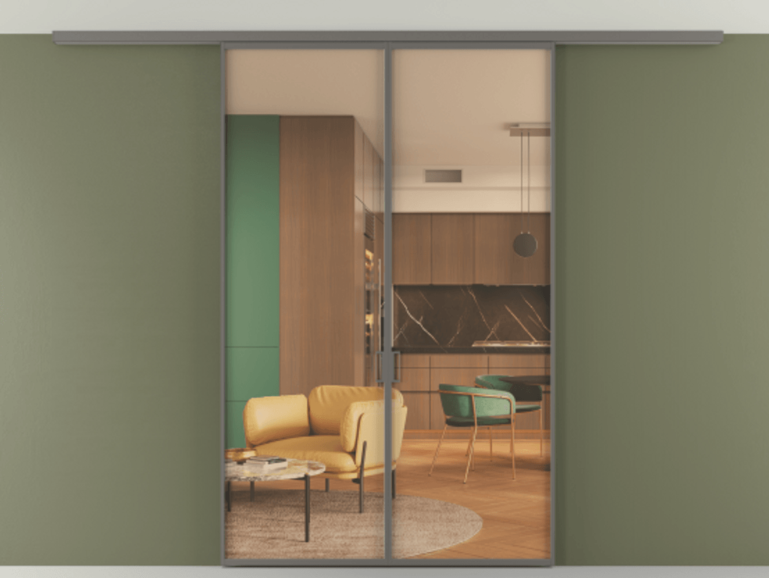 Перегородка Формато вдоль стены на потолок 2 створки АЛПР 040.01 Алюминий классический серый Прозрачное оранжевое стекло, триплекс Цена 9700 AZE | Volhovec