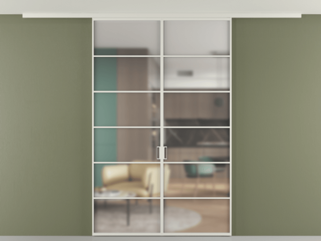 Перегородка Формато вдоль стены на потолок 2 створки АЛПР 040.04 Алюминий Белый Сатинированное стекло "Мателюкс Кристал Вижн", калёное, матовое, каленое 6 мм Цена 13090 AZE | Volhovec