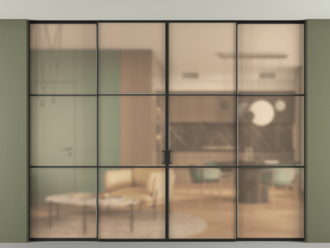 Перегородка Formato внутри проёма четырёхстворчатая со скрытым креплением в потолок АЛПР 040.03 Алюминий Черный Сатинированное оранжевое стекло, триплекс Цена 23200 AZE | Volhovec