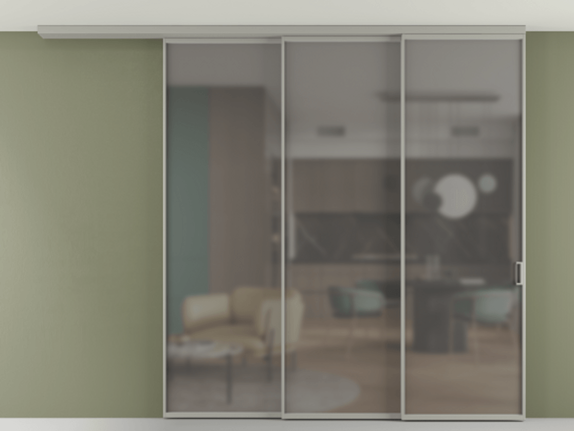 Перегородка Формато вдоль стены на потолок 3 створки с синхронным механизмом АЛПР 040.01 Алюминий нейтральный серый Сатинированное серое стекло, триплекс Цена 556350 сом | Volhovec