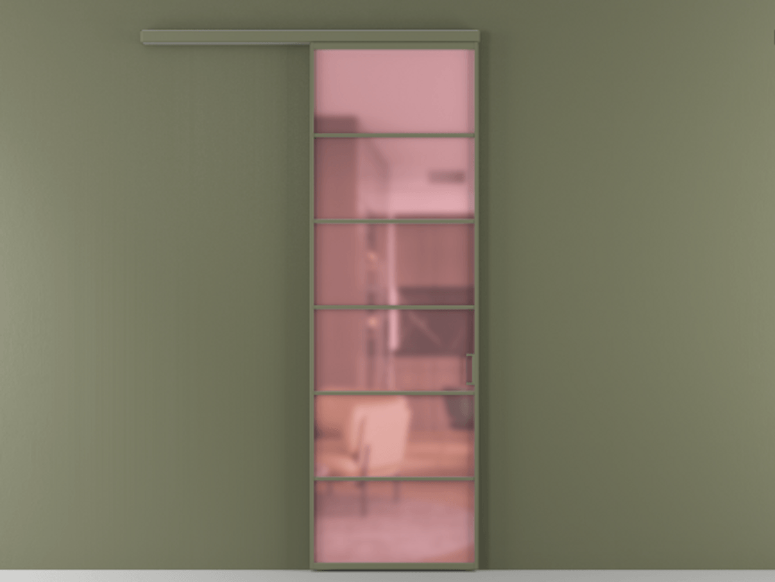Перегородка Формато вдоль стены 1 створка АЛПР 040.04 Алюминий оливковый тёмный Сатинированное розовое стекло, триплекс Цена 5900 AZE  | Volhovec