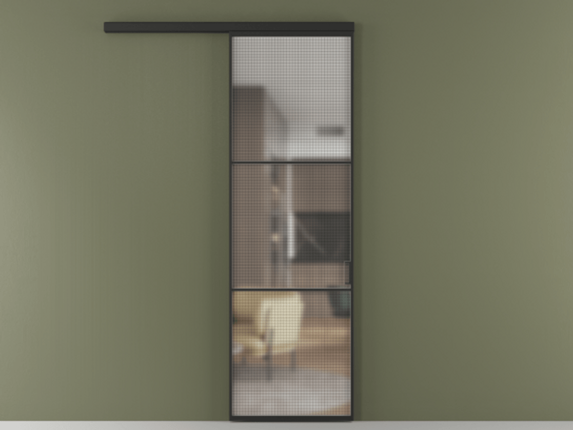 Перегородка Formato вдоль стены 1 створка АЛПР 040.03 Алюминий Черный Декоративное стекло с сеткой "Mesh silver", триплекс Цена 5650 AZE  | Volhovec