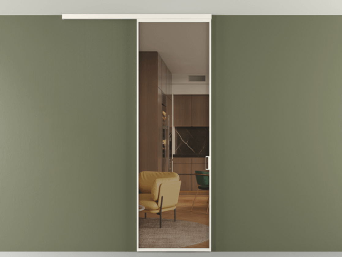 Перегородка Формато вдоль стены на потолок 1 створка АЛПР 040.01 Алюминий пудровый белый Прозрачное бронзовое стекло, триплекс Цена 4820 AZE | Volhovec