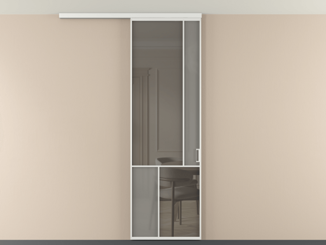 Перегородка Мозаик вдоль стены на потолок 1 створка АЛПР 041.21 Алюминий белоснежный Сатинированное серое стекло, триплекс, 6 мм + Прозрачное серое стекло, триплекс Цена 7040 AZE | Volhovec