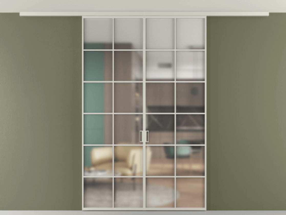 Перегородка Формато вдоль стены на потолок 2 створки АЛПР 040.05 Алюминий тёплый серый Сатинированное стекло "Мателюкс Кристал Вижн", калёное, матовое, каленое 6 мм Цена 13610 AZE | Volhovec