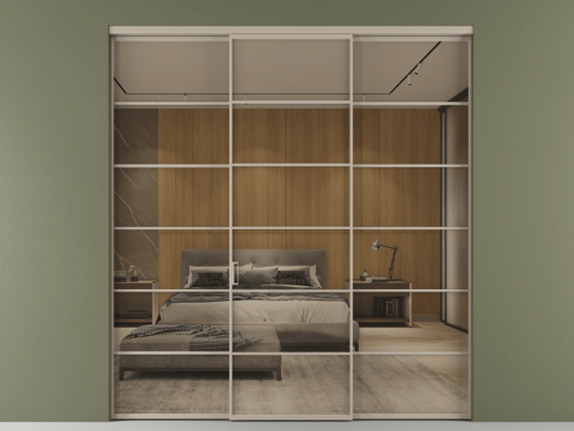 Перегородка Формато внутри проёма 3 створки АЛПР 040.04 Алюминий бисквитный Рефлективное бронзовое стекло "Стопсол", калёное Цена 17770 AZE | Volhovec