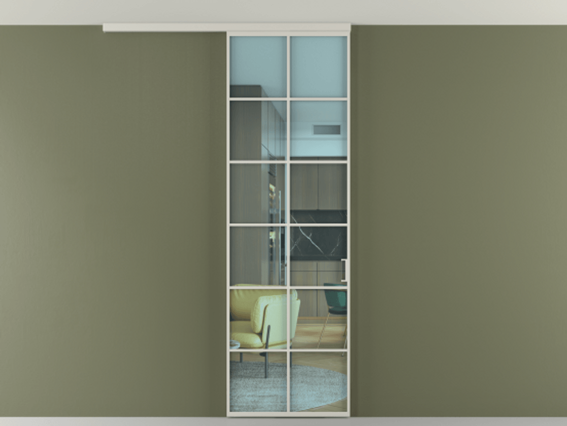 Перегородка Формато вдоль стены на потолок 1 створка АЛПР 040.05 Алюминий тёплый серый Прозрачное голубое стекло, триплекс Цена 5400 AZE | Volhovec