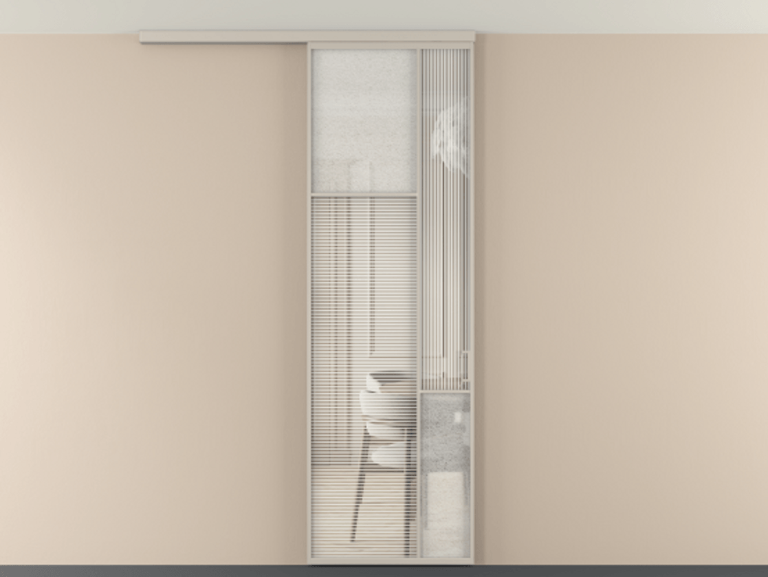 Перегородка Мозаик вдоль стены на потолок 1 створка АЛПР 041.10 Алюминий светло-бежевый Рифлёное стекло "Дюна", триплекс, 6 мм + Фактурное стекло "Лёд", триплекс Цена 7460 AZE | Volhovec