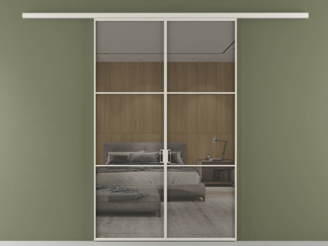 Перегородка Формато вдоль стены 2 створки АЛПР 040.03 Алюминий облачно-серый Рефлективное серое стекло "Стопсол", калёное Цена 12980 AZE | Volhovec