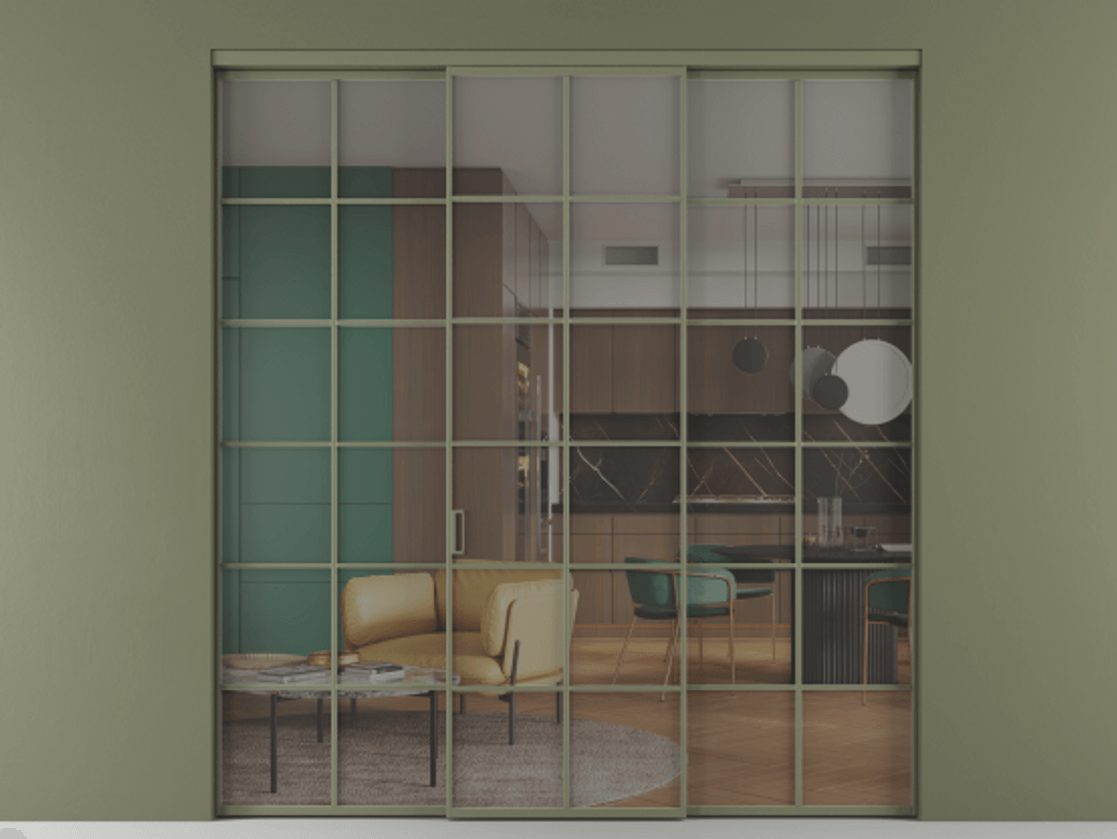 Перегородка Формато внутри проёма 3 створки АЛПР 040.05 Алюминий оливковый тёмный Прозрачное серое стекло, триплекс Цена 13280 AZE | Volhovec