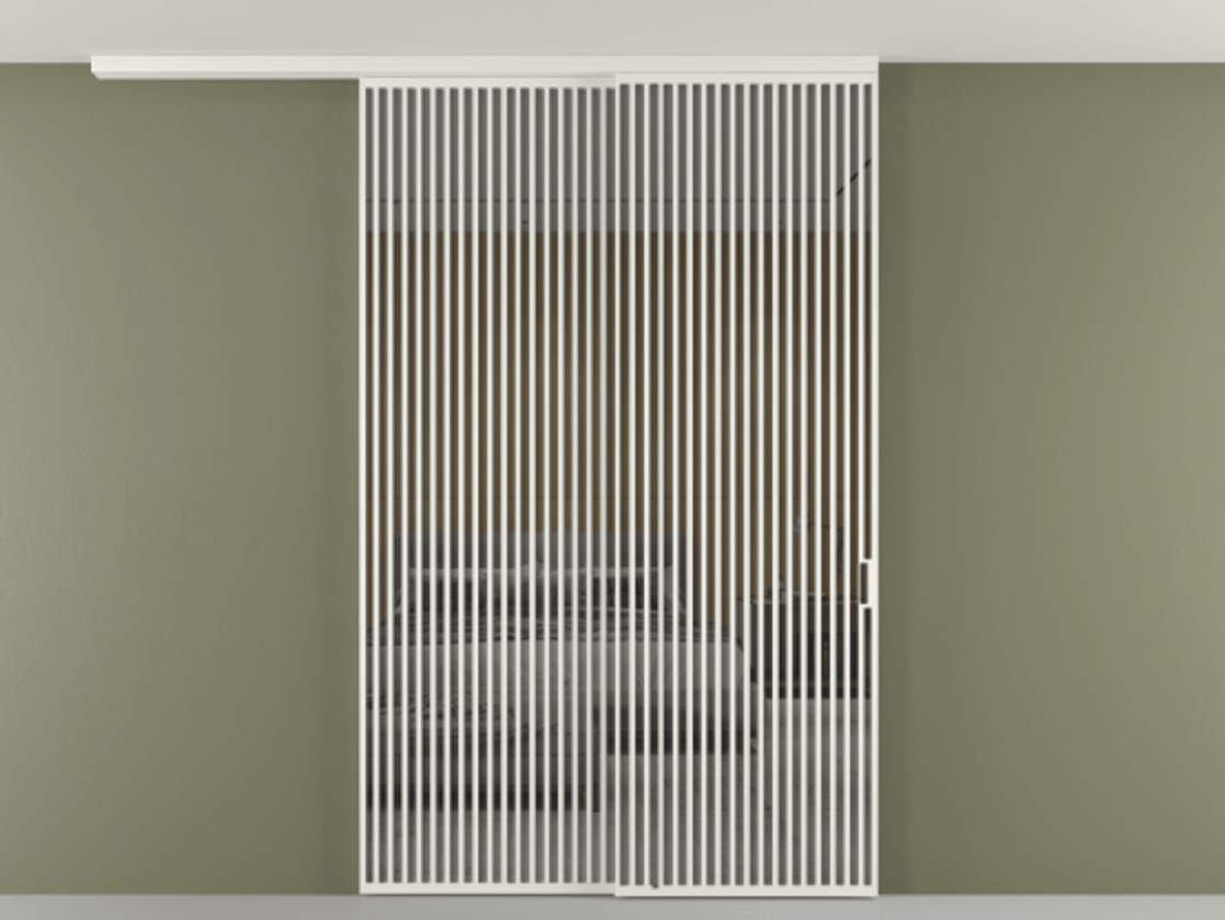 Перегородка Формато вдоль стены на потолок 2 створки с синхронным механизмом АЛПР 040.06 Алюминий светло-серый Рефлективное серое стекло "Стопсол", калёное Цена 28280 AZE | Volhovec